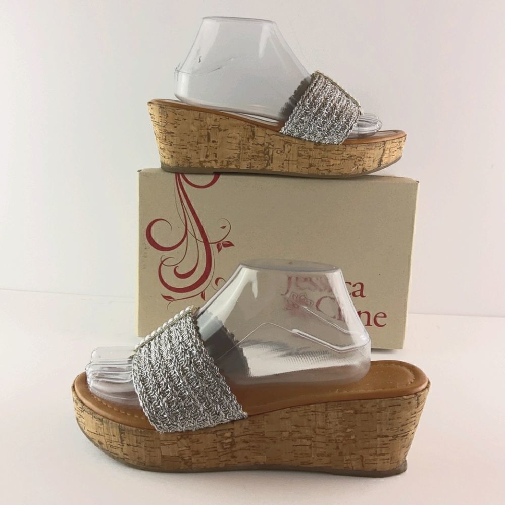 Jessica Cline Debut silver cork wedge heel slides